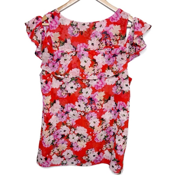 Cabi Red Floral Cold Shoulder Ruffle Sleeve V Neck Blouse Women's Size M - Picture 9 of 16